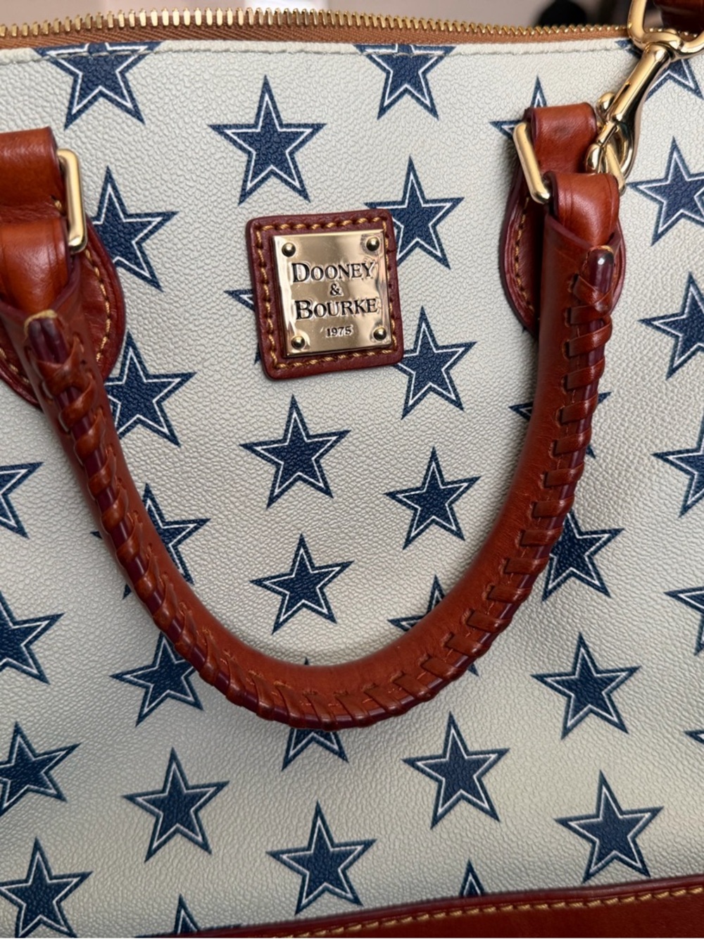 Dooney & Bourke White Navy Star Print Tote with Brown Leather Trim